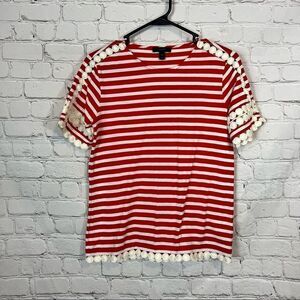 J Crew Stripe Embroidered Scalloped Hem Short Sleeve Top Size XXS Red White